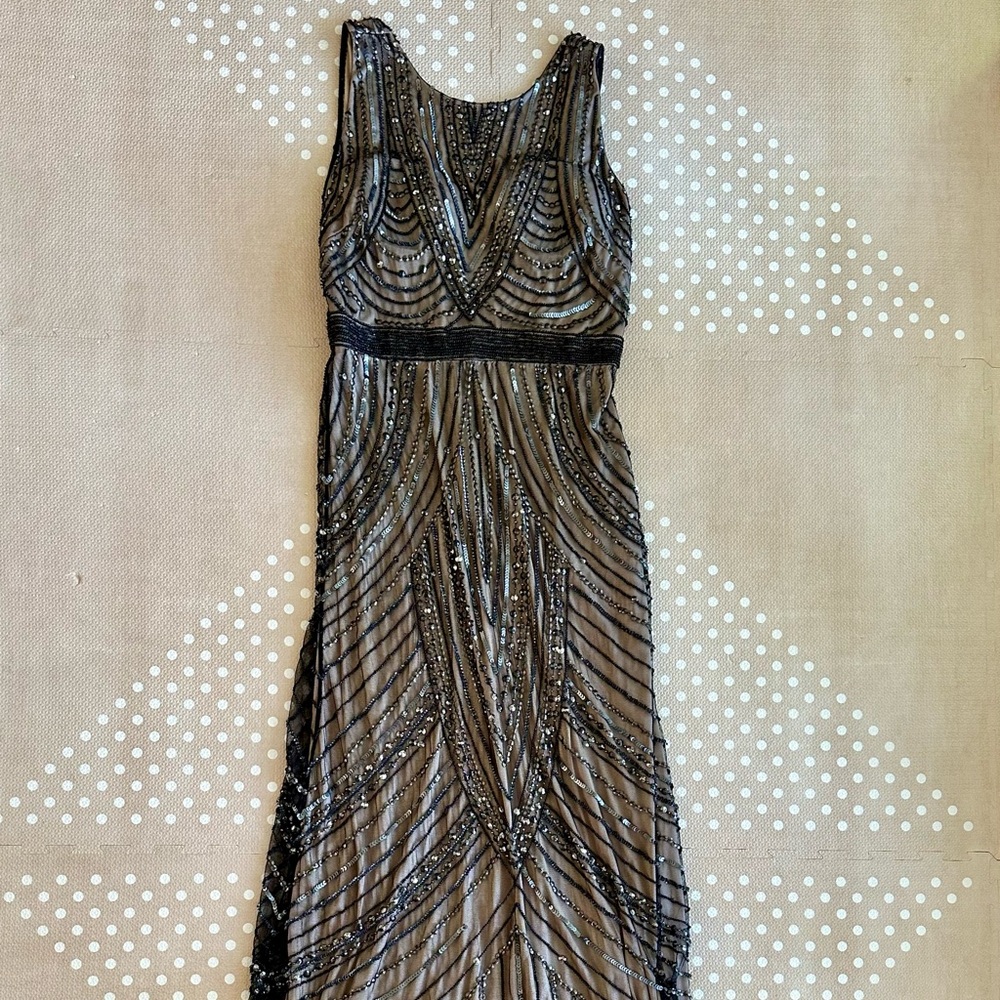 Adrianna Papell Black and Silver Beaded Maxi Dress, Black Tie, Wedding, Formal